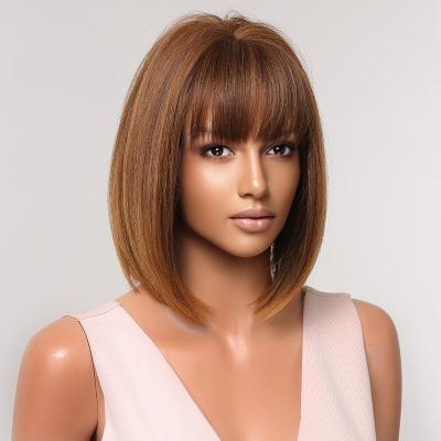 China Short Straight Body Wave Synthetic Wigs Mixed Golden Brown Bob Wigs Bangs For Women Daily Natural Hair Cosplay Wig Heat Resistant for sale