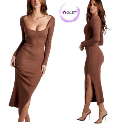 China Anti-Wrinkle 2021 New Arrivals Elegant Casual Long Deep Neck Bodycon Ribbed Sweat Maxi Dress for sale