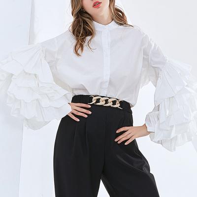 China Wholesale Price Women's Breathable Drop Mujer Batwing Long Sleeve Blouse Ribbed Ruffle Tops For Women Office Lady Blouse for sale