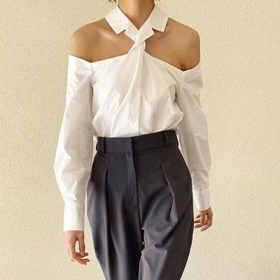 China Breathable Custom Design Cut Out Criss-Cross Lapel Shirt White Cotton Blouse For Women Tops Fashionable Blouse for sale