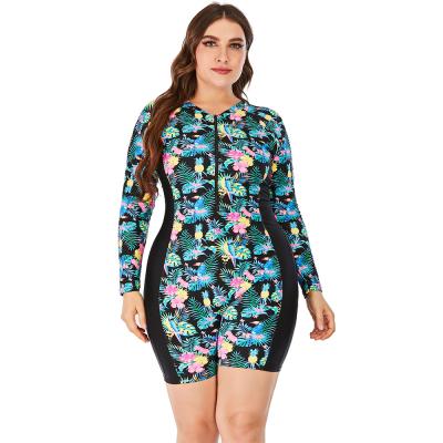 China Plus size 2022 wholesale girls winter fashion small moq elastic surf women one piece long sleeve basic print plus size swimwear and beach wear for sale