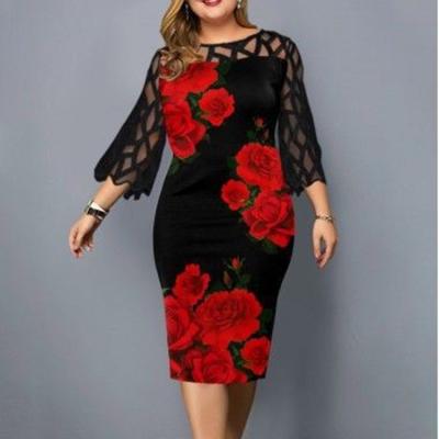 China Breathable Women Fashion Buttocks Floral Printed Slim Long Sleeves Lace Up Elegant Ladies Casual Midi Plus Size Dresses for sale