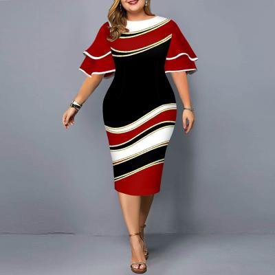 China Breathable Ladies Fashion Buttocks Print Elegant Party Slim Women Flared Casual Sleeves Plus Size Dresses for sale