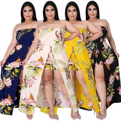 China QUICK DRY flower plus size high waist jumpsuits flower split elastic women's clothing jumpsuits for sale