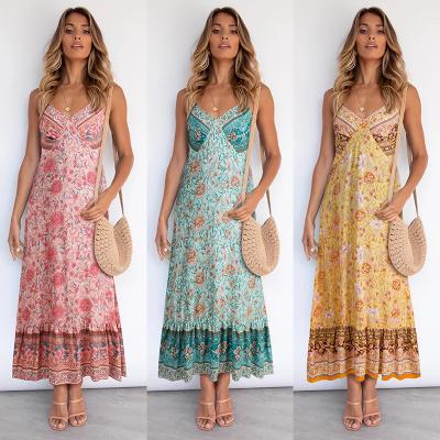 China Women's Bohemian Bohemian Casual Dresses V Neck Anti-Static Halter Beach Strap Floral Dress Maxis for sale