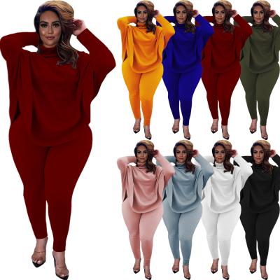 China Sustainable Women Fashion Solid Color Casual Bat Sleeve Split Top Pants Ribbed Mines Ladies Plus Size Two Piece Sets for sale