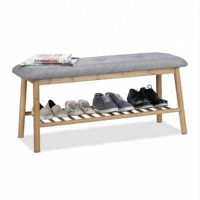 China Sustainable bamboo shoe bench for 4 pairs, padded bench for 2, comfortable shoe rack, Natural-grey for sale