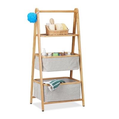 China Eco-friendly Bamboo 3 Tier Bathroom Storage Shelf With Bamboo Laundry Basket for sale