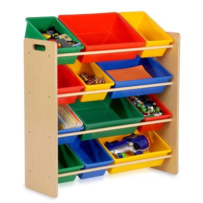 China Sustainable Wholesale Wooden 4 Tier Kids Toy Storage Organizer With 12 Plastic Bins for sale