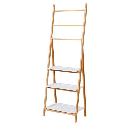 China OEM Environmental Friendly Folding Free Standing Bamboo Wooden Towel Rack with 3 Shelves and Rails for sale