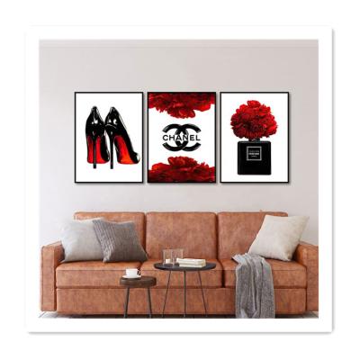 China 3 Panel Modern Home Decor POP Art Style ArtUnion High Heels Fashion Brand Brand-Coco-Perfume Canvas Painting Print Red Graffiti Art for sale