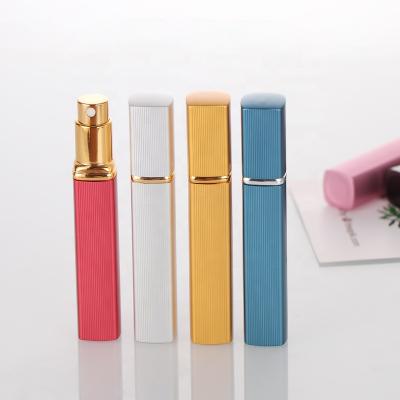 China Eco-friendly Recyclable Aluminum Perfume Atomizer Refill Twist Metal Color 8ml Red Color Square Shape Bottle for sale