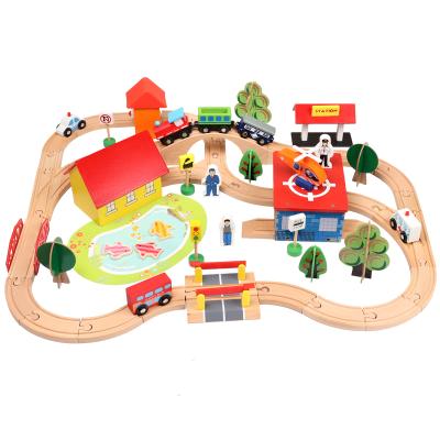 China 70PCS Funny Children DIY Wooden Toys Sets For Boys Girls DIY Rail Race Track Car Set Friends Trains Toys for sale