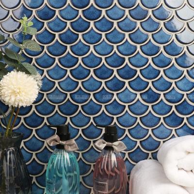 China Premium Porcelains Perfect Kitchen Backsplash Wall Decor Foshan Porcelain Fish Scale Mosaic Crystal Glazed Glossy Blue Tile for sale