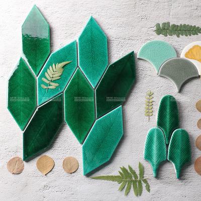 China Use-resisitant Picket Crack Porcelain Leaf Shape Handcrafted Glossy Glazed Green Mosaic Tile For Kitchen Backsplash Feature Wall Decor for sale