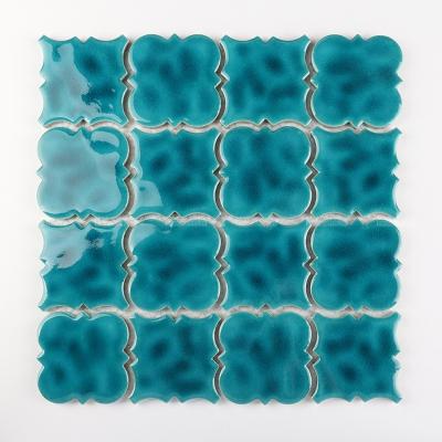 China Use-resisitant Blue Mesh Backing Crackle Glazed Handmade Porcelain Mosaic Kitchen Backsplash Arabesque Tile for sale