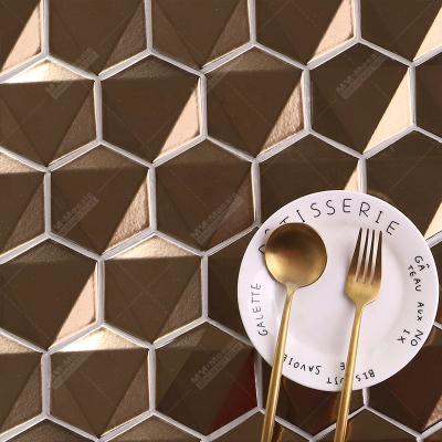 China New Use-resisitant Porcelain 3d Cube Mosaic Tile Gold Metallic Glazed Hexagon For Kitchen Backsplash Hotel Restaurant Bathroom Wall Bar Project for sale