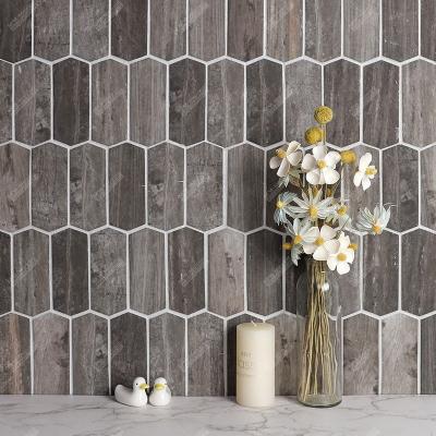 China 8mm Thickness Waterproof Wood Grain Inkjet Long Hexagonal Picket Recycled Tile Glass Mosaic For Hotel Bathroom Backsplash Kitchen Wall for sale