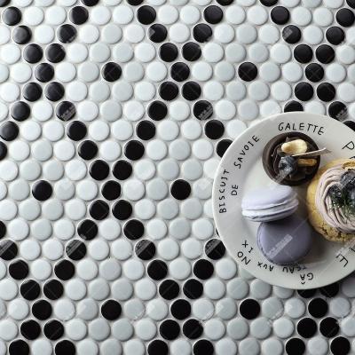 China Modern Custom Design Black White Ceramic Bathroom Hotel Floor OEM Project Penny Round Tiles Pattern Wall Art Mosaic Mural For Kitchen for sale