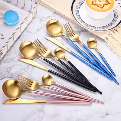 China Disposable High Quality Gold Stainless Steel Cutlery Spoon Knife Fork Blue Handle for sale