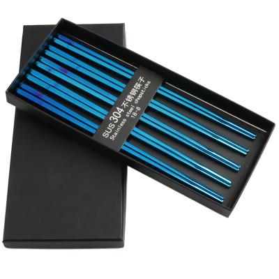 China Stainless Steel Disposable Reusable Adult Tableware with 5 Pairs of Premium Blue Metal Custom Chopsticks for sale