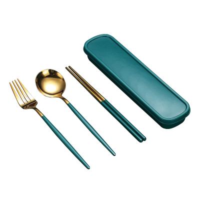 China Disposable Eco-Friendly Portable Gold Plated Three Piece Dinnerware Set With Stainless Steel Shell Dinnerware Set for sale