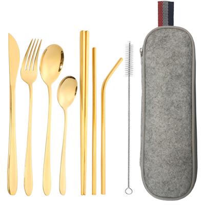 China Disposable Durable Stainless Steel Cutlery Fork Chopsticks Knife Spoon Straw 8 Sets With Carrying Case for sale