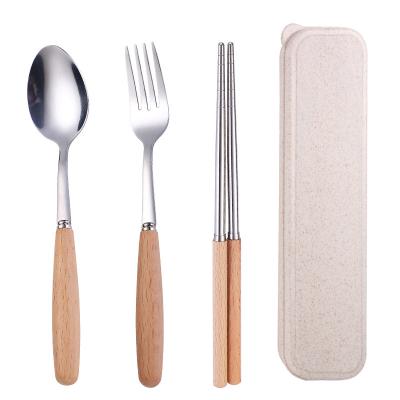 China Disposable Reusable Travel Handle Stainless Steel Portable Wooden Dinnerware Set In A Case Of Silver Flatware for sale