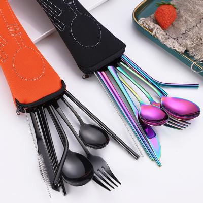 China 8 Reusable Gold Plated Color Travel Straw Disposable Portable Sets with Stainless Steel Cutlery for sale