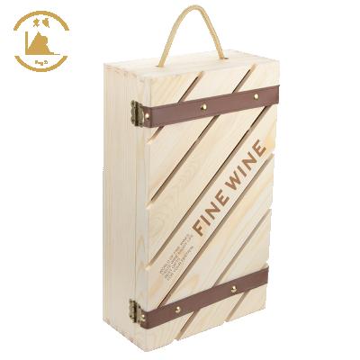 China Europe factory direct wooden wine box for gifts pine wood bottle wine crate handle double hinged lid carrier top for sale