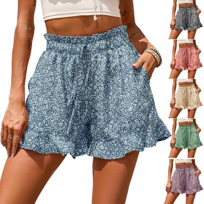 China 2022 QUICK DRY women's shorts chiffon printed pocket casual shorts with waist in culottes women for sale