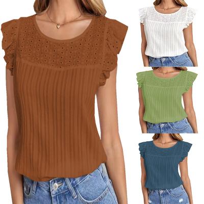 China Anti-pilling 2022 summer new women wear hollowed-out T-shirt ruffle tee pungent sleeveless woman for sale