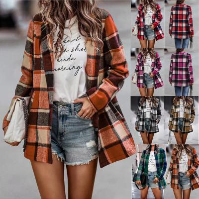 China 2022 Fall/Winter Women's Anti-Shrink Blouses And Shirts Loose Plaid Printed Long Sleeve Pocket Tweed Coat Cardigan Tops for sale