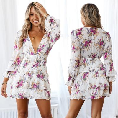 China 2022 New Autumn Fashion Sexy Deep V Long Sleeve Washable Sheer Print Dress For Women for sale