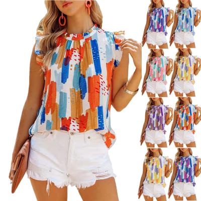 China 2022 European Summer Women's Amazon New QUICK DRY Sleeveless Shirts Color Printing Chiffon Blouse And American for sale