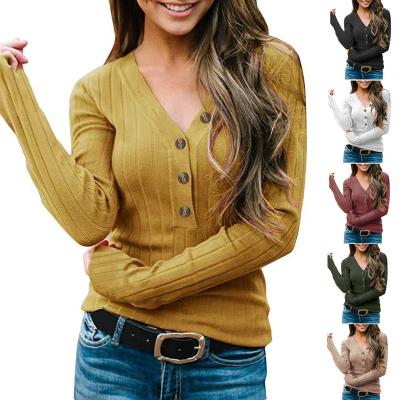 China 2022 Amazon sales Anti-wrinkle new autumn and winter women's v-neck button solid color long sleeve knitted sweater women's T-shirt for sale