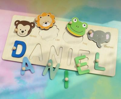 China Toy Custom Wooden Name Educational Puzzle with Colorful Animals, Baby Shower Gift, Birthday Gifts for Kids for sale