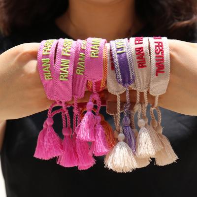 China Party New Logo Tassel Fabric Adjustable Handmade Custom Braided Friendship Bracelet Fashion Embroidery Bracelet Wristband for sale