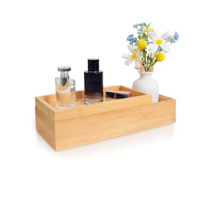 China Modern Premium Bamboo Wooden Vanity Tray Organizer Cosmetics Holder Bathroom Basket Counter Bathtub for sale