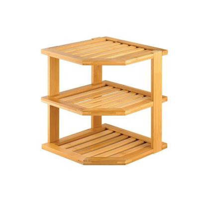 China Bathroom Countertop Shelves 3-Tier Sustainable Bamboo Wooden Organizer Sideboard Kitchen Corner Storage Shelf for sale