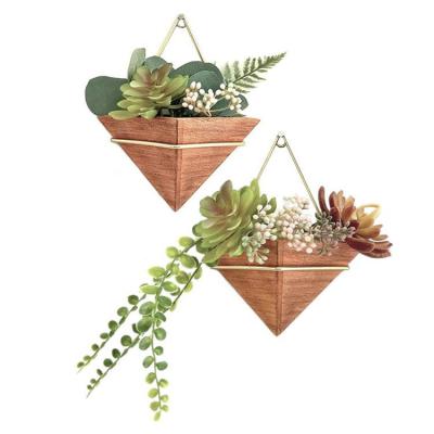 China Durable Material Wall Decor Geometric Plant Shelf Display Planter Holder Gold Triangle Wall Hanging Floating Wooden Plant Rack for sale