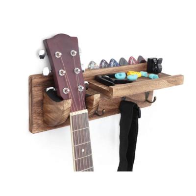 China Sustainable Carbonized Black Wooden Guitar Bracket Wall Mount Guitar Hanging Rack With Pick Rack And 3 Hook for sale