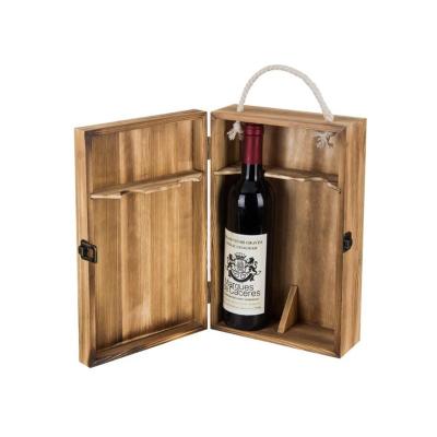 China Handmade Wooden Wine Gift Packaging Box Dark Brown Torched Double Bottle Wine Crate Wooden Top Handle Hinged Lid for sale