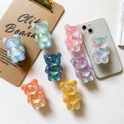 China Customized Cute Transparent 3D Bear Anti-fall Bear Grip Phone Holder Adjustable Retractable Folding Bracket for sale