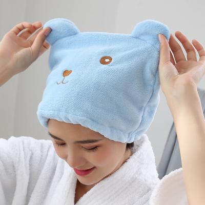 China New Cartoon Bear Fleece Dry Hair Thick Coral Hat QUICK-DRYING Super Absorbent Headscarf QUICK-DRYING for sale