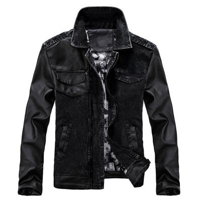 China Customized Breathable Men's Spring Splice Turn Down Collar Denim Jacket PU Leather Jacket Slim Fasion Men's Jacket for sale