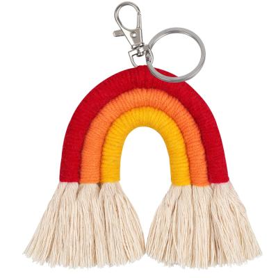 China Custom Metal Women Bag Handmade Woven Decor Tassel Boho Macrame Rainbow Pendant Key Chain for sale