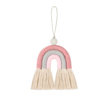 China Leather Car Decoration Hanging Key Chain Women Bag Ornaments Boho Macrame Handmade Woven Rainbow Macrame Dangling Key Chain for sale