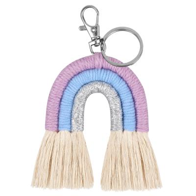 China Leather Custom Women Bag Decoration Key Chain Handmade Woven Tassel Boho Macrame Pendant Rainbow Ornaments Key Chain for sale