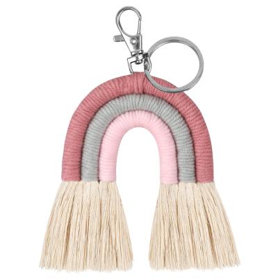 China Leather Custom Women Bag Decoration Key Chain Handmade Woven Tassel Boho Macrame Pendant Rainbow Ornaments Key Chain for sale